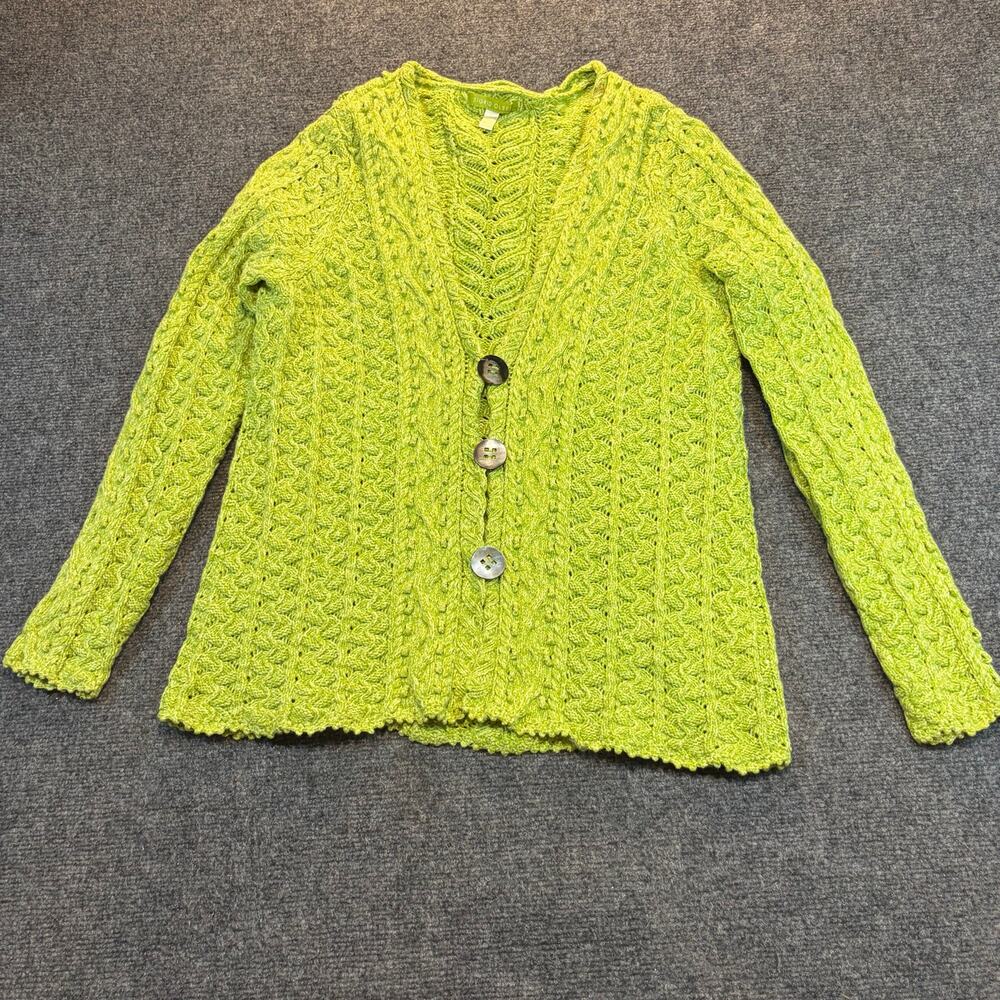 Sigrid Olsen Womens Large Green Knit Crotchet Button Cardigan V-Neck Sweater